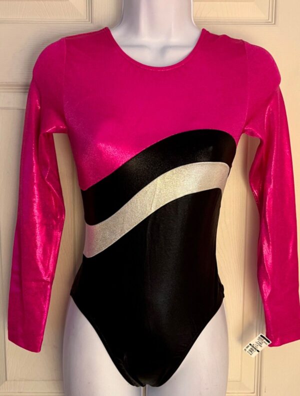 GK LgSLV PINK BLACK MYSTIQUE ADULT SMALL WHITE ACCENT GYMNASTS DANCE LEOTARD AS