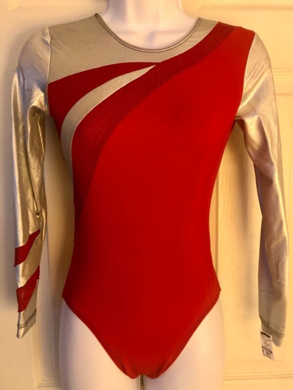 GK ADULT SMALL RED IRIDESCENT METALLIC SILVER LgSLV GYMNAST DANCE LEOTARD Sz AS