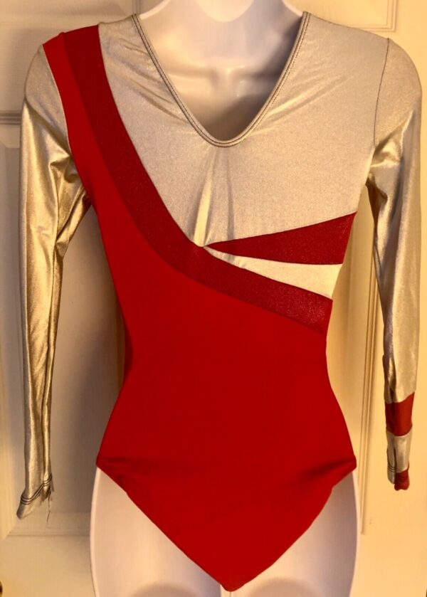 GK ADULT SMALL RED IRIDESCENT METALLIC SILVER LgSLV GYMNAST DANCE LEOTARD Sz AS - Image 6