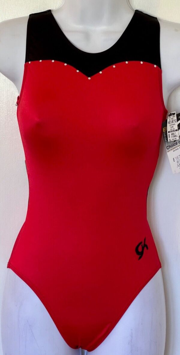 GK BLACK & RED NYLON/SPANDEX ADULT X-SMALL SWAR CRYSTAL JA TANK LEOTARD Sz AXS