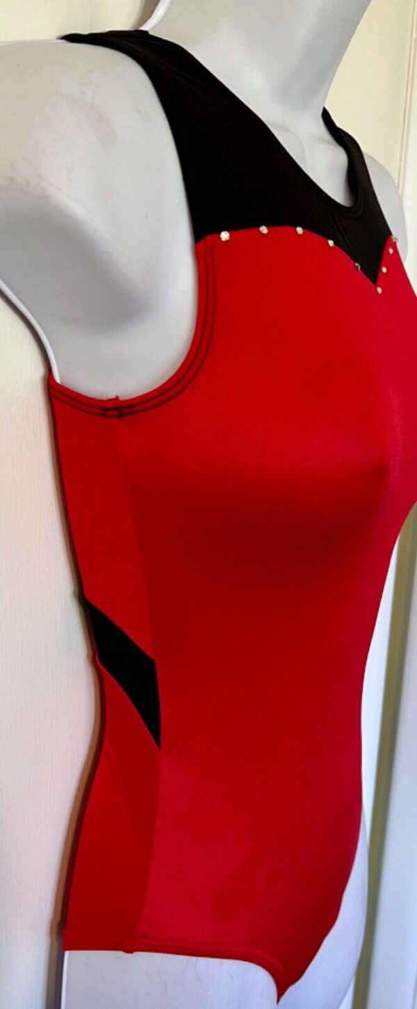 GK BLACK & RED NYLON/SPANDEX ADULT X-SMALL SWAR CRYSTAL JA TANK LEOTARD Sz AXS - Image 3