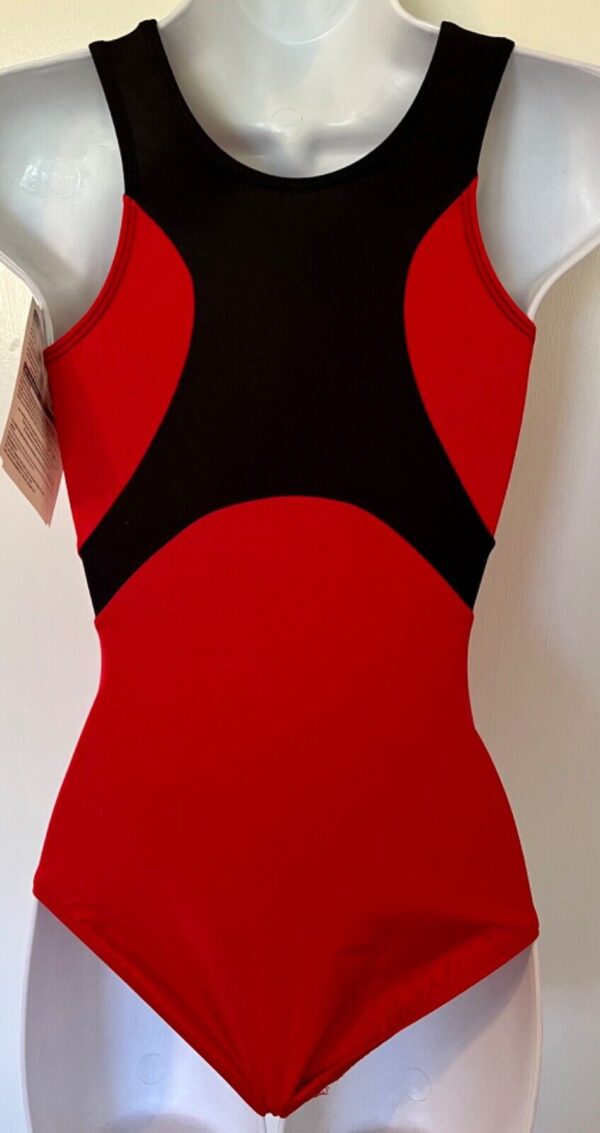 GK BLACK & RED NYLON/SPANDEX ADULT X-SMALL SWAR CRYSTAL JA TANK LEOTARD Sz AXS - Image 7