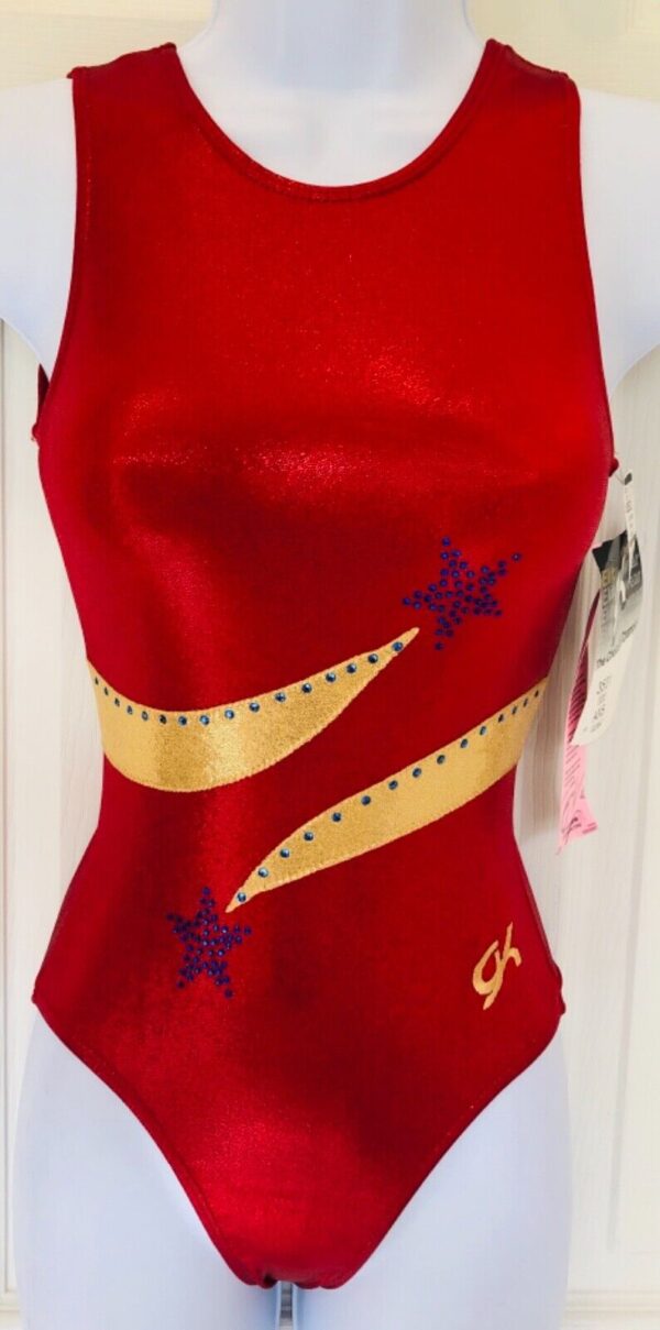 GK RED MYSTIQUE ADULT X-SMALL GOLD BLUE JA GYMNASTIC DANCE TANK LEOTARD Sz AXS