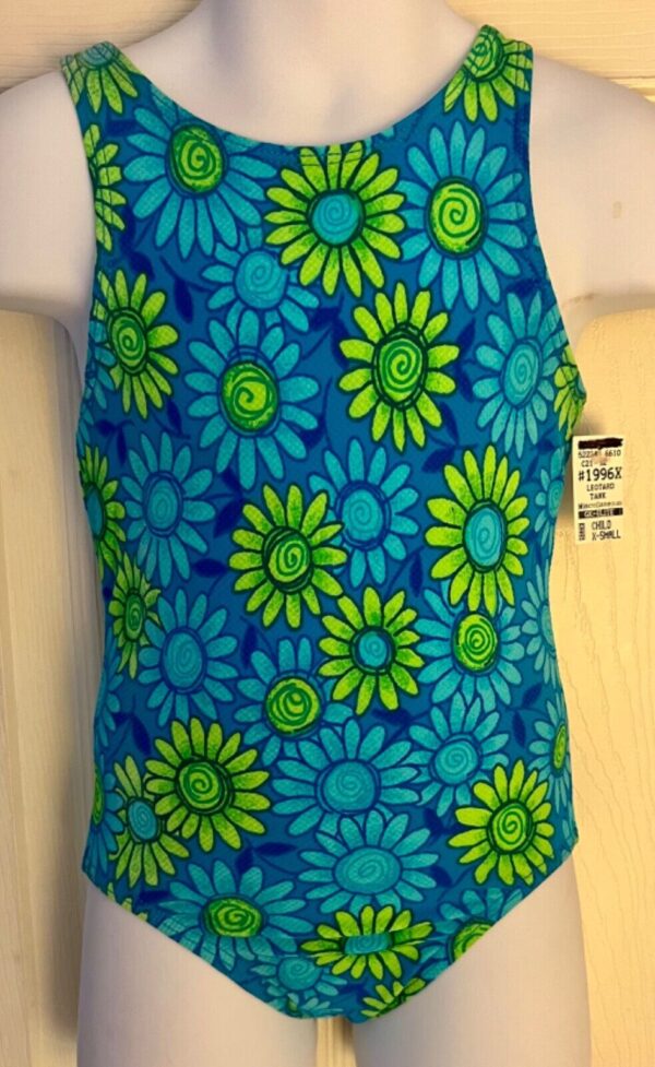 GK DAISY PRINT CHILD X-SMALL BLUE GREEN COTTON/SPANDEX GYMNASTIC TANK LEOTARD XS