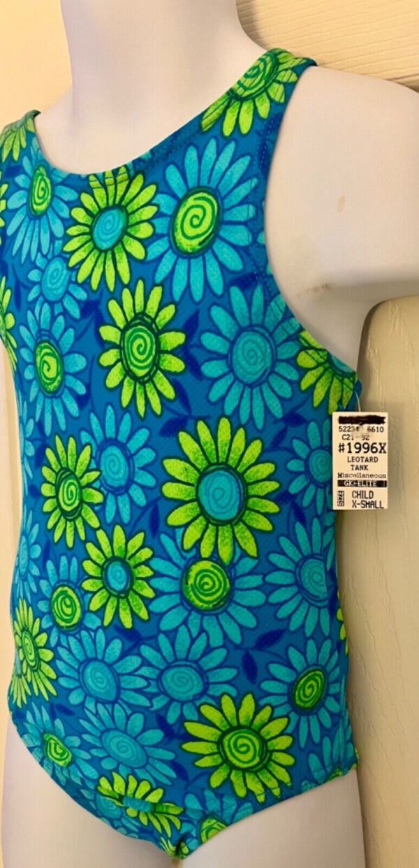 GK DAISY PRINT CHILD X-SMALL BLUE GREEN COTTON/SPANDEX GYMNASTIC TANK LEOTARD XS - Image 3