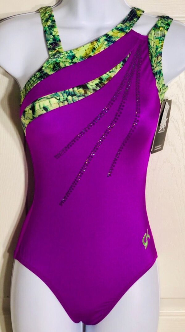 GK ASYM MAGENTA ADULT X-SMALL LIME PRINT SEQUINZ GYMNAST DANCE TANK LEOTARD AXS