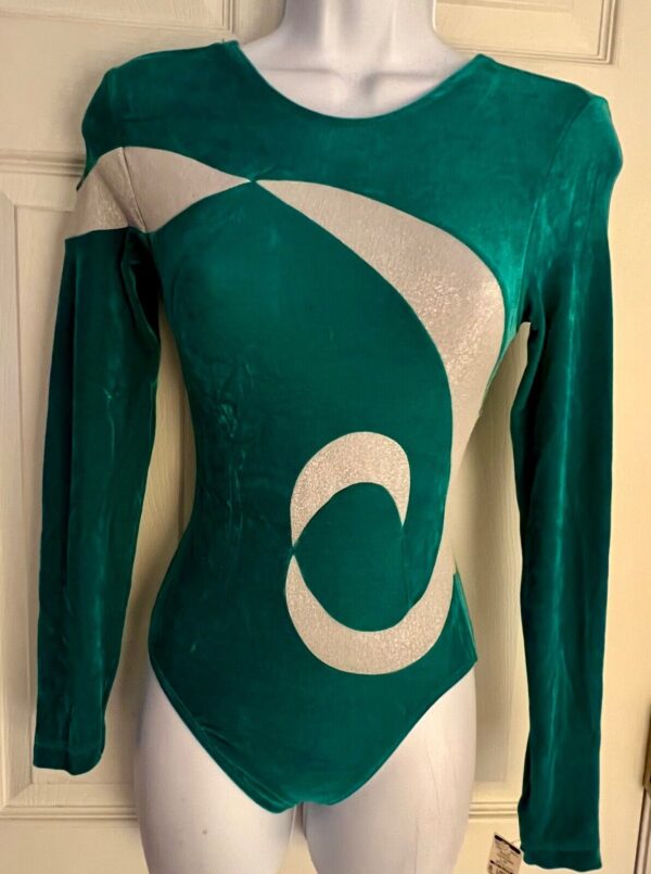 GK LgSLV GREEN VELVET ADULT SMALL SILVER LUREX SWIRLS GYMNASTS LEOTARD SZ S NWT!