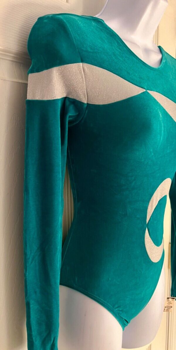 GK LgSLV GREEN VELVET ADULT SMALL SILVER LUREX SWIRLS GYMNASTS LEOTARD SZ S NWT! - Image 3