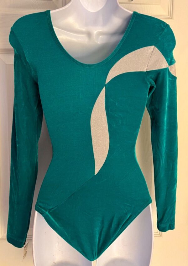 GK LgSLV GREEN VELVET ADULT SMALL SILVER LUREX SWIRLS GYMNASTS LEOTARD SZ S NWT! - Image 5