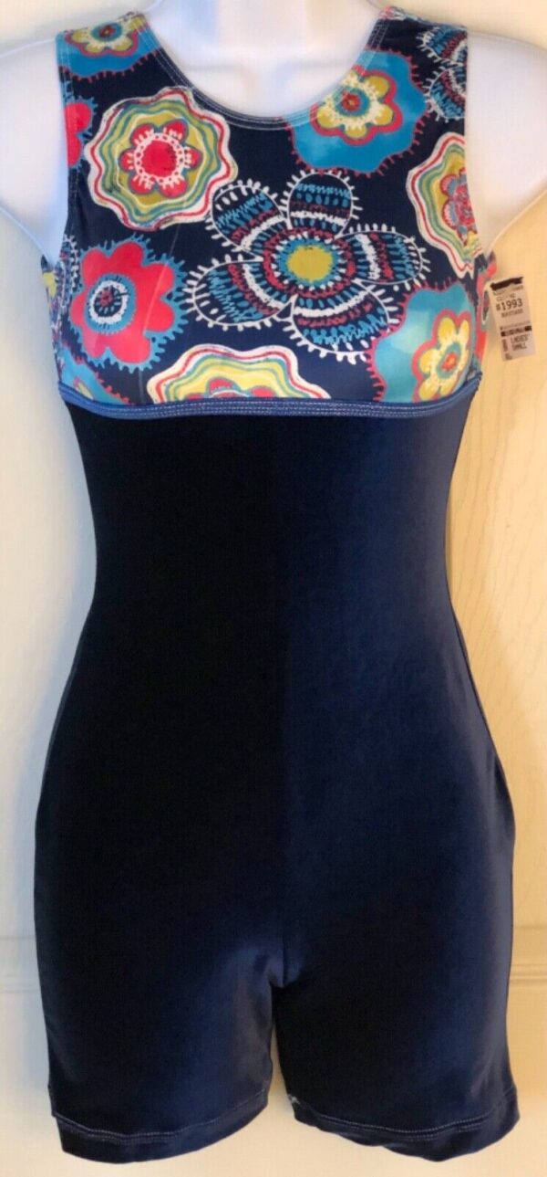 GK SLVLS BIKETARD ADULT SMALL NAVY VELVET FLORAL PRINT DANCE WORKOUT Sz AS NWT!