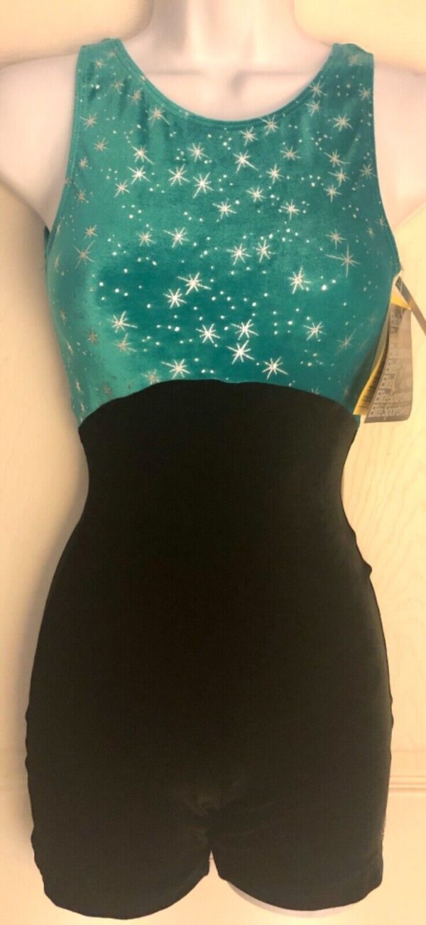 GK DANCE BIKETARD ADULT SMALL SILVER STARRY NIGHT FOIL BLACK VELVET TANK Sz AS