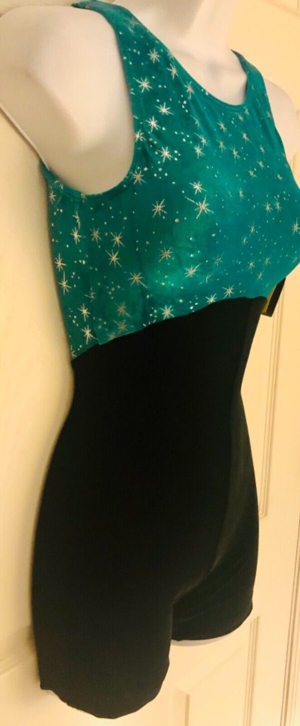 GK DANCE BIKETARD ADULT SMALL SILVER STARRY NIGHT FOIL BLACK VELVET TANK Sz AS - Image 3