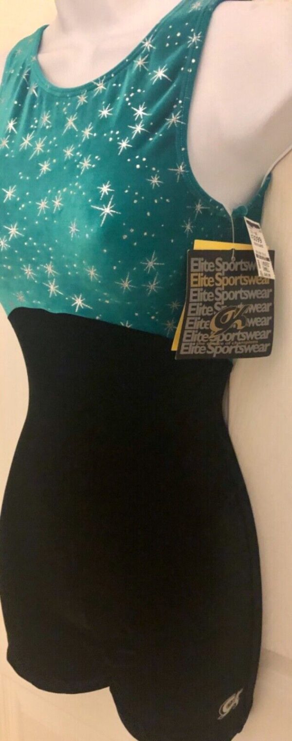 GK DANCE BIKETARD ADULT SMALL SILVER STARRY NIGHT FOIL BLACK VELVET TANK Sz AS - Image 4