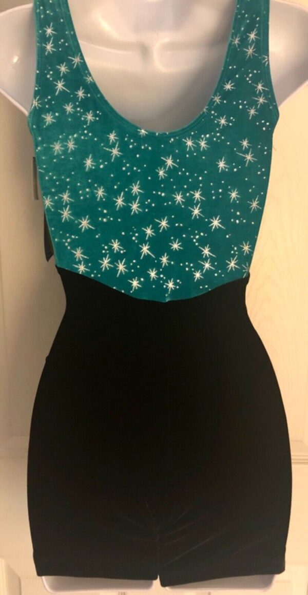 GK DANCE BIKETARD ADULT SMALL SILVER STARRY NIGHT FOIL BLACK VELVET TANK Sz AS - Image 7