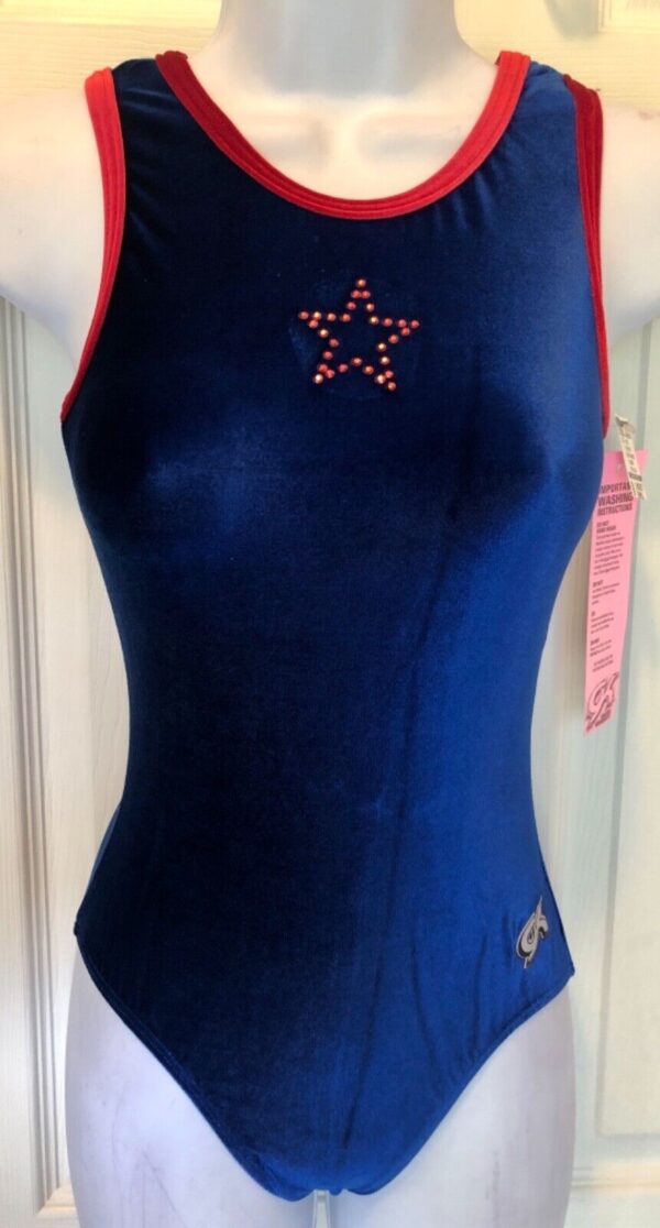 GK SAPPHIRE VELVET ADULT SMALL RACERBACK RED TRIM JA GYMNAST DANCE LEOTARD Sz AS