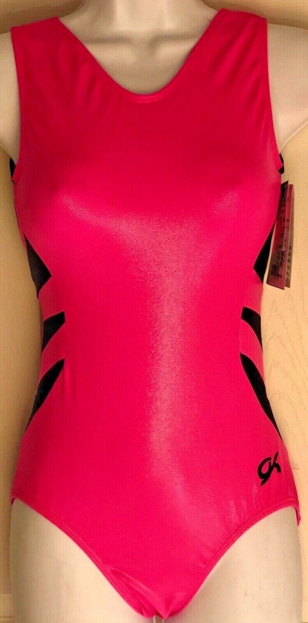 GK Elite PINK POP Pink Black Foil Gymnastic Dance Leotard Adult M NWT