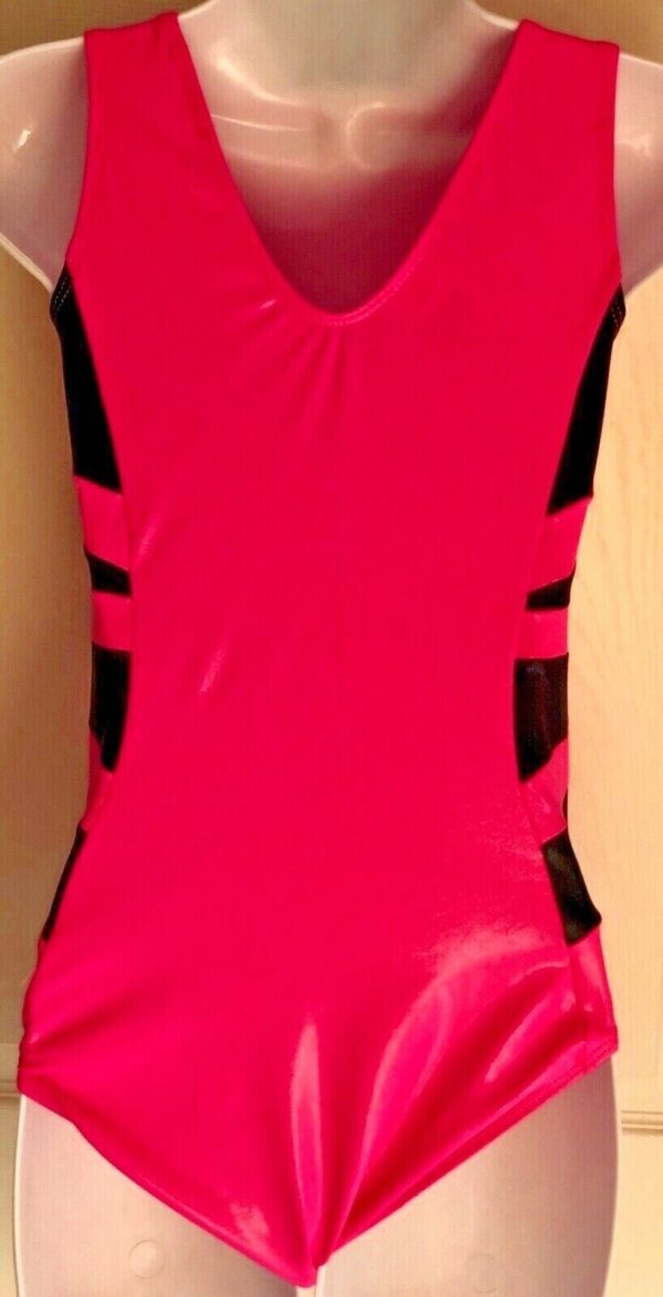 GK Elite PINK POP Pink Black Foil Gymnastic Dance Leotard Adult M NWT - Image 2