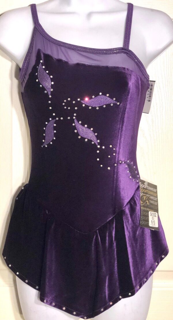 GK ICE FIGURE SKATE ADULT SMALL EGGPLANT VELVET CAMISOLE ASYM YOKE JA DRESS AS