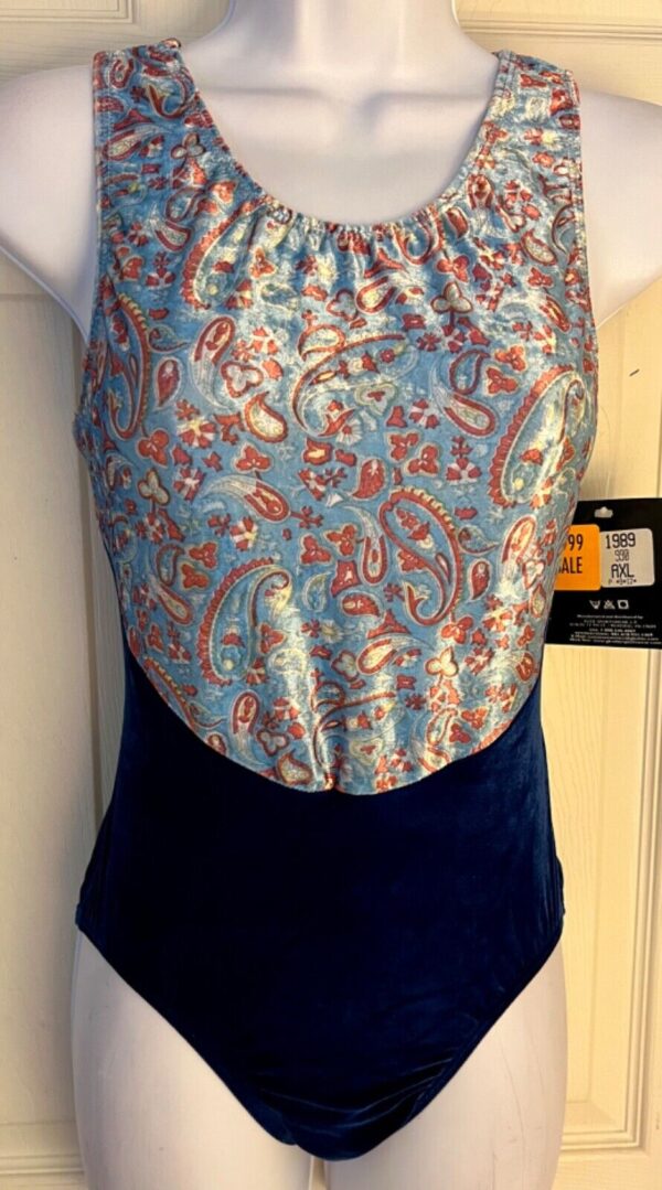 GK ADULT X-LARGE PAISLEY BLUE & NAVY VELVET GYMNASTIC DANCE TANK LEOTARD SZ XL