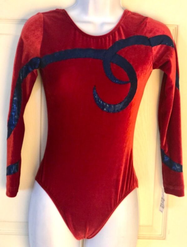 GK ELITE LgSLV LADIES SMALL RED VELVET BLUE FOIL GYMNASTICS DANCE LEOTARD AS NWT