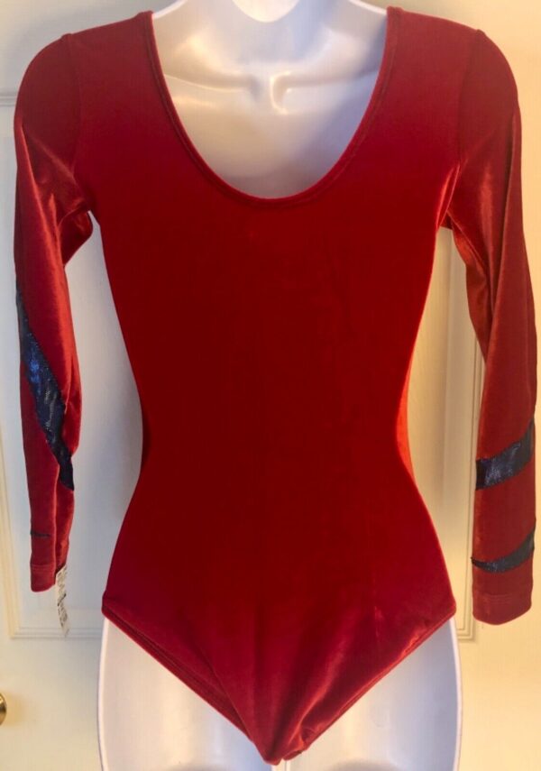 GK ELITE LgSLV LADIES SMALL RED VELVET BLUE FOIL GYMNASTICS DANCE LEOTARD AS NWT - Image 4