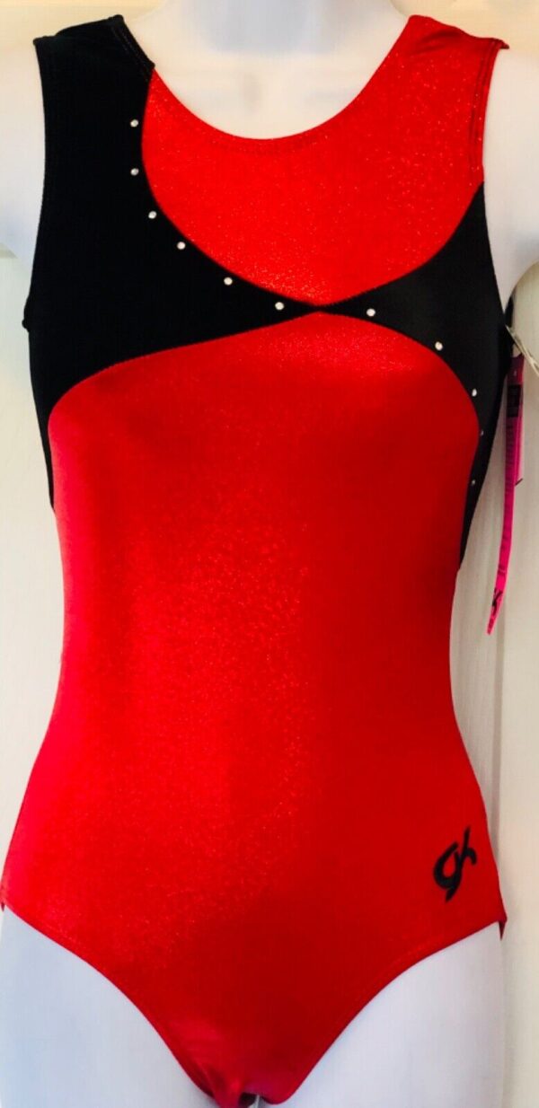 GK RED SPARKLE HOLOGRAM ADULT X-SMALL BLACK VELEVT JA GYMNASTIC TANK LEOTARD AXS