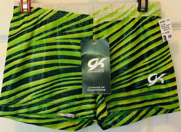 GK MICRO MINI CHEER ADULT SMALL WORKOUT SHORTS GREEN STRIPE FOIL PRINT Sz AS