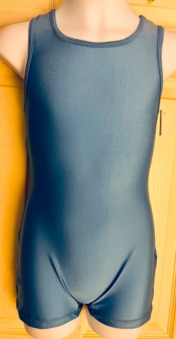 GK TOUSSE' SUIT BIKETARD CHILD LARGE SLVLS BLUE NYLON/SPANDEX DANCE RUNNING Sz L