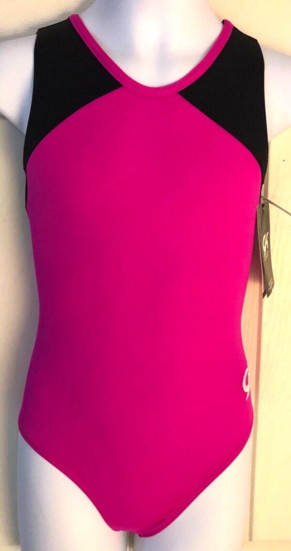 GK CERISE BLACK NYLON/SPANDEX GIRLS MEDIUM GYMNASTICS DANCE TANK LEOTARD Sz CM