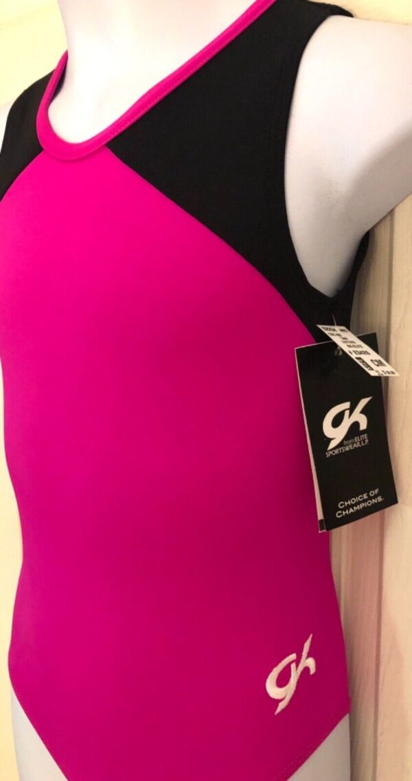 GK CERISE BLACK NYLON/SPANDEX GIRLS MEDIUM GYMNASTICS DANCE TANK LEOTARD Sz CM - Image 3