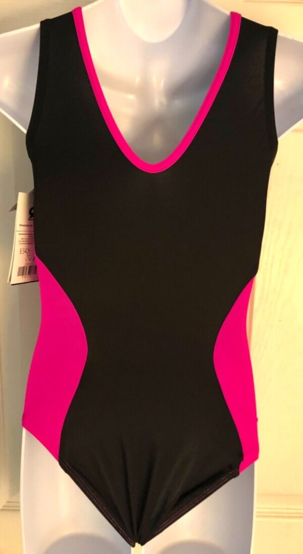 GK CERISE BLACK NYLON/SPANDEX GIRLS MEDIUM GYMNASTICS DANCE TANK LEOTARD Sz CM - Image 6