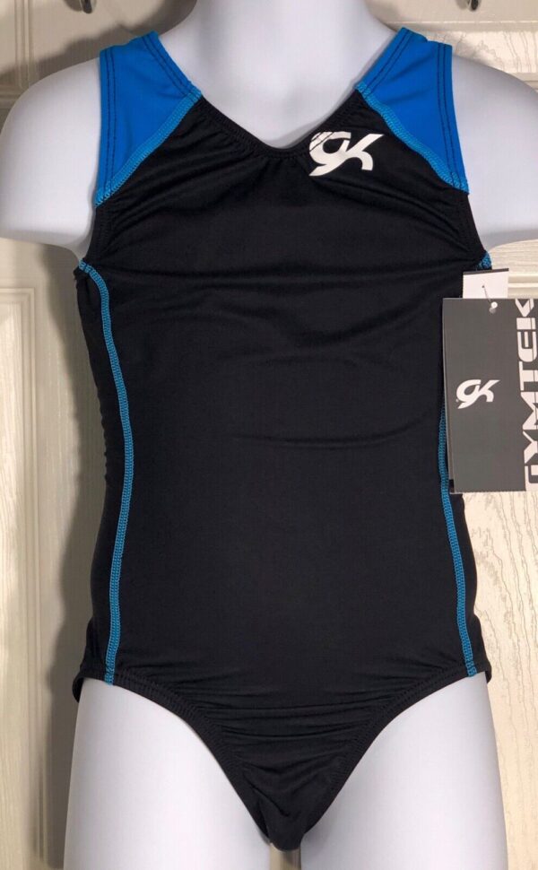 GK ELITE GYMTEK CHILD SMALL SPORTY CAMPUS STRETCHTEK GYM LEOTARD BLACK BLUE SZ S