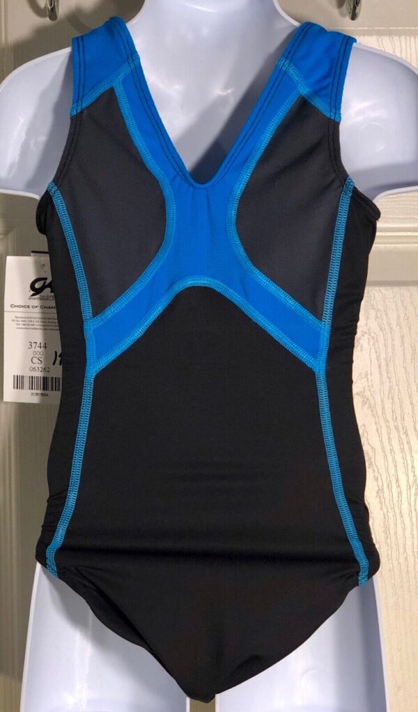 GK ELITE GYMTEK CHILD SMALL SPORTY CAMPUS STRETCHTEK GYM LEOTARD BLACK BLUE SZ S - Image 2