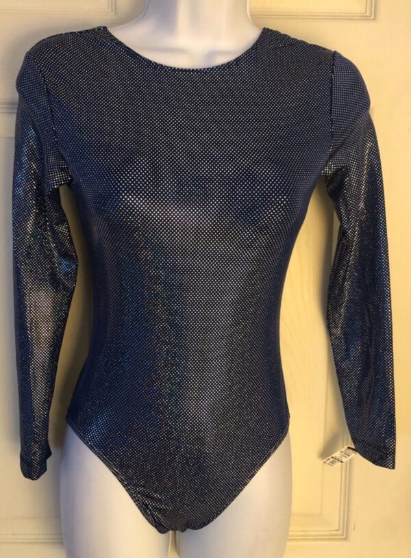 GK LgSLV LADIES SMALL BLUE SPOTLIGHT FOIL GYMNASTICS DANCE LEOTARD Sz AS NWT!