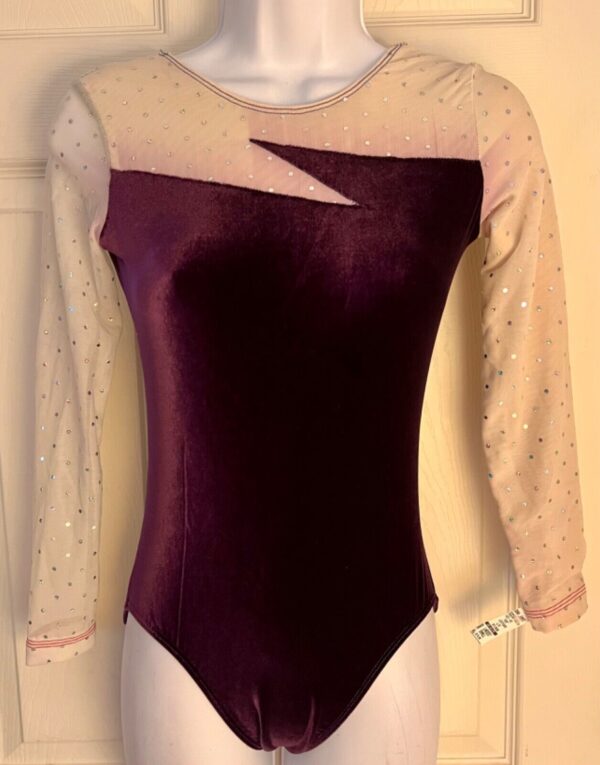 GK LgSLV ADULT SMALL PURPLE VELVET WHITE MESH SPANGLZ GYMNAST DANCE LEOTARD SZ S