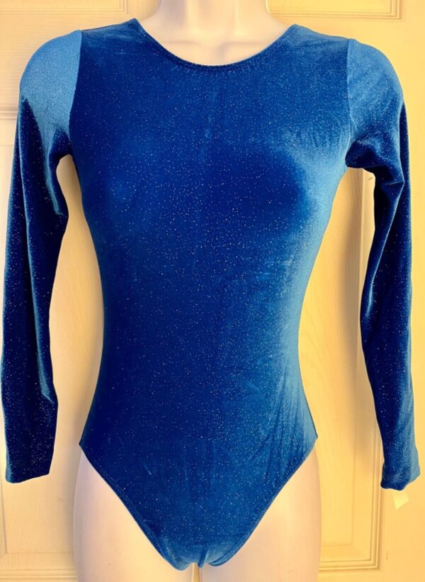 GK LgSLV LADIES SMALL ROYAL GLITTER VELVET GYMNASTICS DANCE LEOTARD Sz AS NWT!