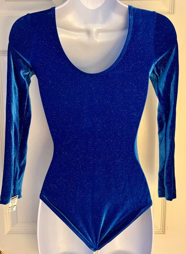 GK LgSLV LADIES SMALL ROYAL GLITTER VELVET GYMNASTICS DANCE LEOTARD Sz AS NWT! - Image 5