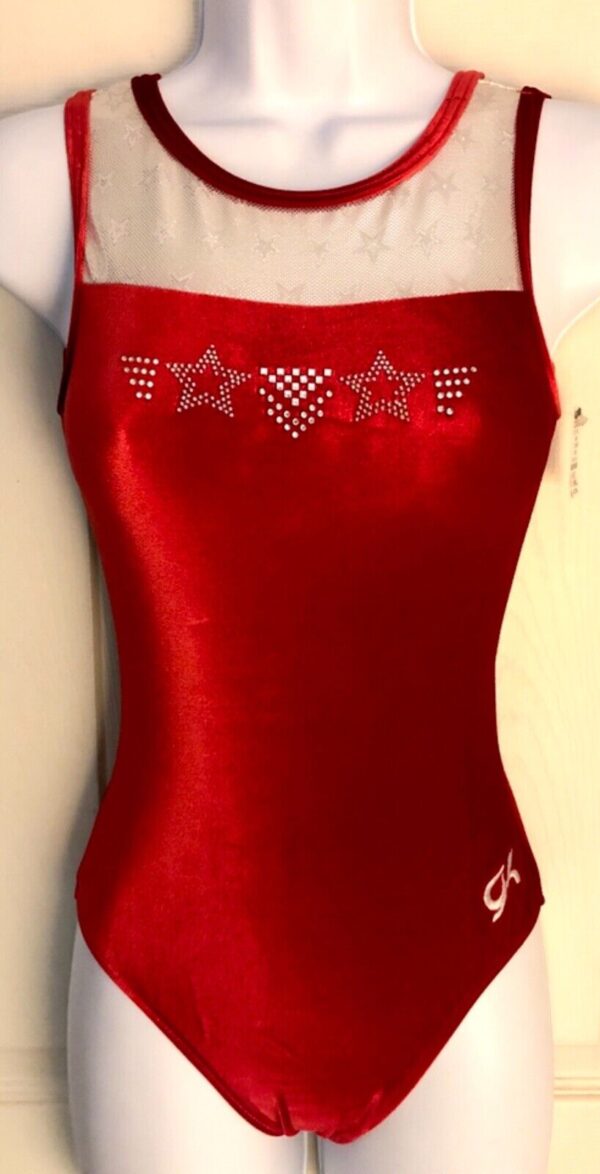 GK RED VELVET ADULT X-SMALL WHITE STAR FOIL JA GYMNASTIC DANCE TANK LEOTARD AXS