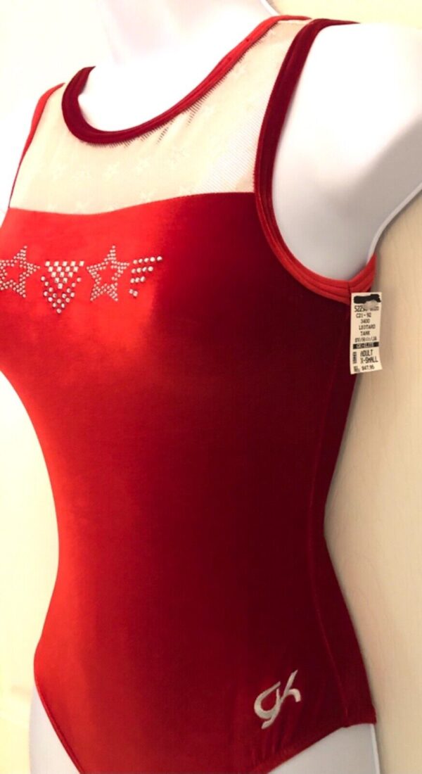 GK RED VELVET ADULT X-SMALL WHITE STAR FOIL JA GYMNASTIC DANCE TANK LEOTARD AXS - Image 4