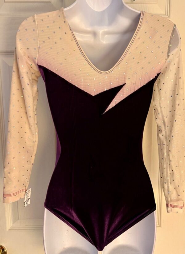 GK LgSLV ADULT SMALL PURPLE VELVET WHITE MESH SPANGLZ GYMNAST DANCE LEOTARD SZ S - Image 6