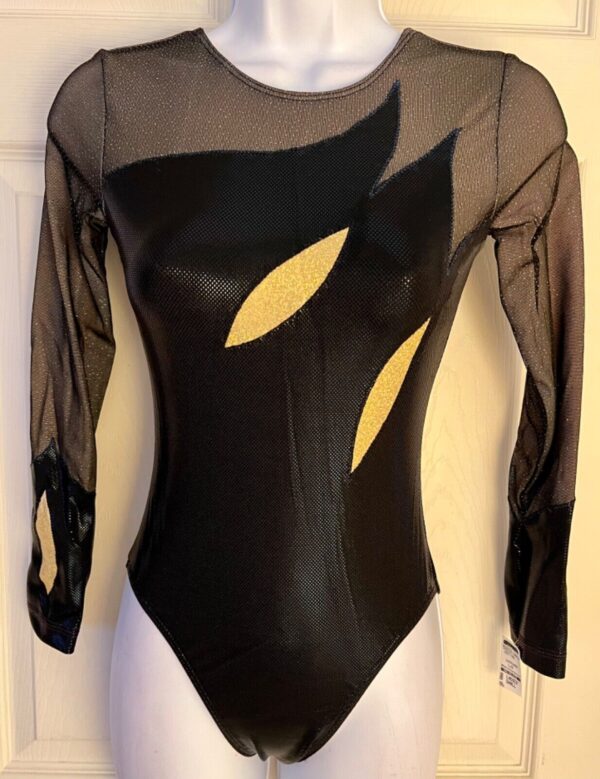 GK LgSLV LADIES SMALL BLACK SHIMMER MESH GOLD GYMNASTICS DANCE LEOTARD Sz AS