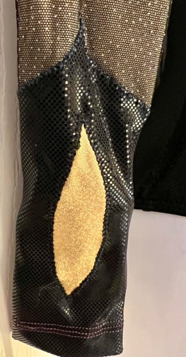 GK LgSLV LADIES SMALL BLACK SHIMMER MESH GOLD GYMNASTICS DANCE LEOTARD Sz AS - Image 5