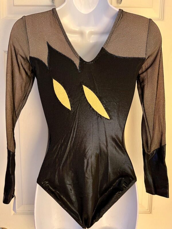 GK LgSLV LADIES SMALL BLACK SHIMMER MESH GOLD GYMNASTICS DANCE LEOTARD Sz AS - Image 7