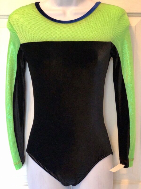 GK LgS ADULT SMALL LIME SHATTERGLASS BLACK VELVET GYMNASTICS DANCE LEOTARD AS