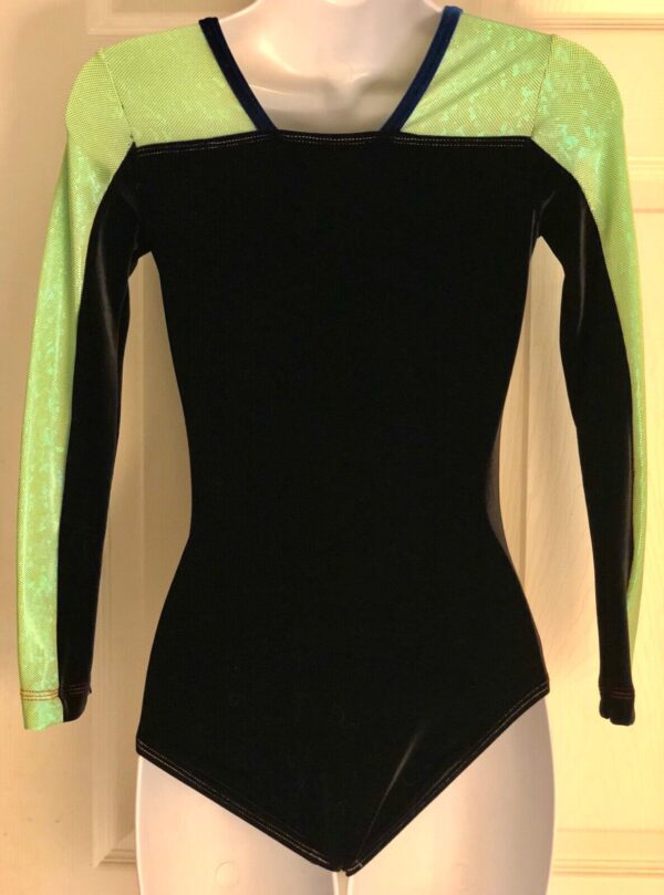 GK LgS ADULT SMALL LIME SHATTERGLASS BLACK VELVET GYMNASTICS DANCE LEOTARD AS - Image 2