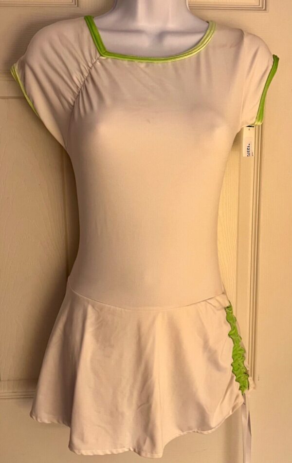 GK ICE SKATE ADULT MEDIUM WHITE ASYM CAP SLV GREEN VELVET CINCH SKIRT DRESS M