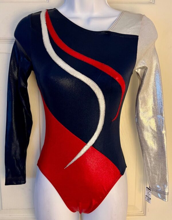 GK LgSLV NAVY RED SILVER MYSTIQUE ADULT SMALL ASYM GYMNASTS DANCE LEOTARD Sz AS