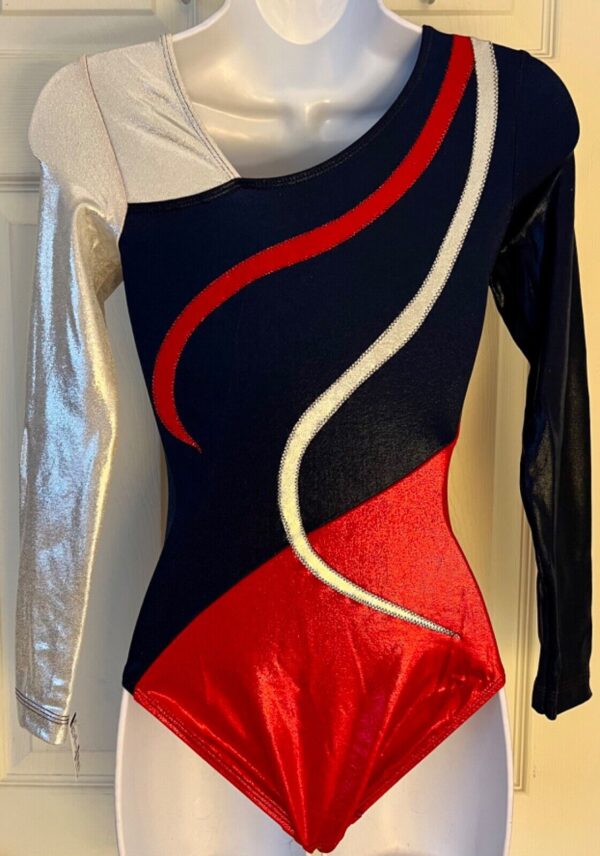 GK LgSLV NAVY RED SILVER MYSTIQUE ADULT SMALL ASYM GYMNASTS DANCE LEOTARD Sz AS - Image 5