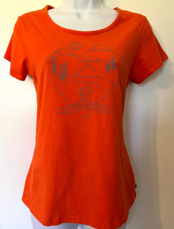 COLUMBIA WOMENS SSLV ORANGE "FOREVER WILD" NATURE MTNS GRAPHICS TOP Sz M EUC!