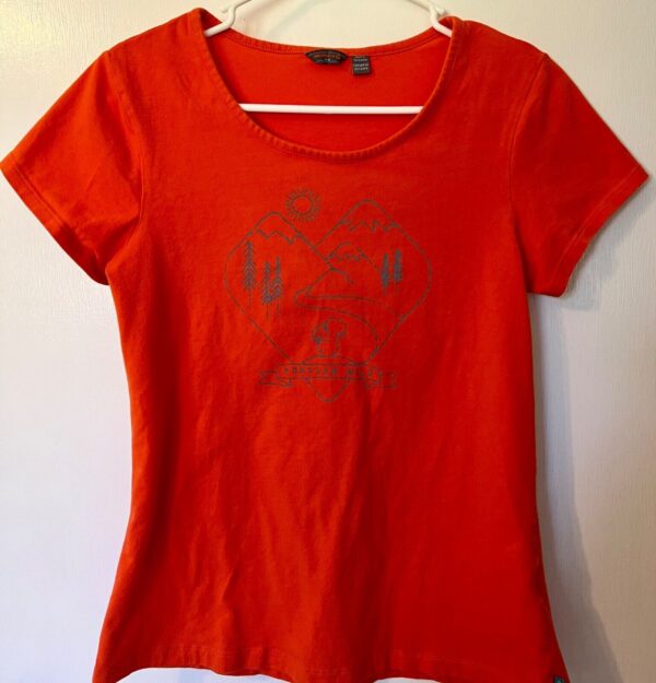 COLUMBIA WOMENS SSLV ORANGE "FOREVER WILD" NATURE MTNS GRAPHICS TOP Sz M EUC! - Image 6